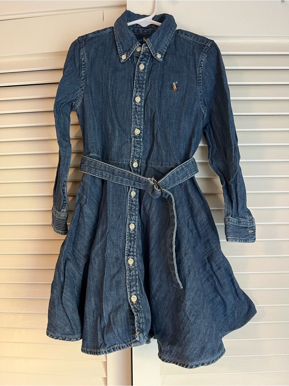 Ralph Lauren Girls Size 5 Denim Chambray Belted Shirt Dress Pony
